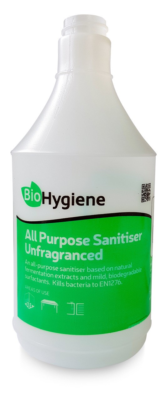 BioHygiene Sprühflasche Desinfektionsreiniger unparfümiert, leere Flasche ohne Sprühkopf, 750ml bedruckt